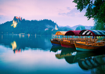 Three lake tour boats standing on famous bled lake with castle on the background and island church....