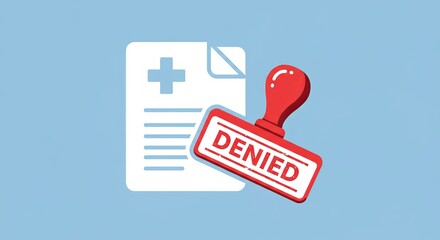 Medical claim denied stamp on healthcare document symbol
