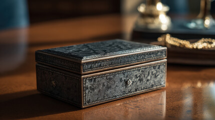 Decorative jewelry box with intricate patterns resting on a polished wooden table, surrounded by elegant home accessories and soft indoor lighting creating a cozy atmosphere.