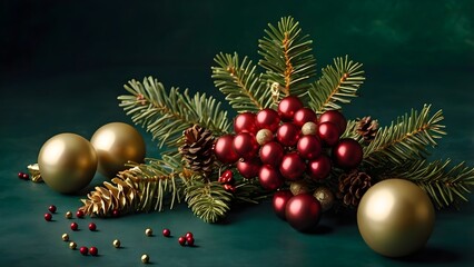 Mini Christmas Tree with Ornaments on Dark Green Background