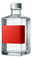 Clear rectangular glass bottle with a silver cap and red label.