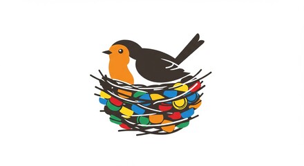 Charming robin sits cozily in a colorful nest filled with vibrant treats