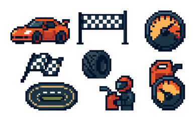 Pixel art racing icons with car, tire, speedometer, and race track on yellow background
