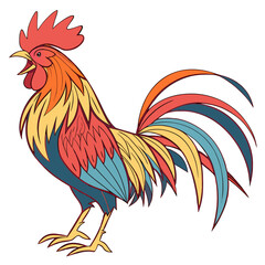 Illustration of a rooster with vibrant plumage standing tall against a white background in profile view