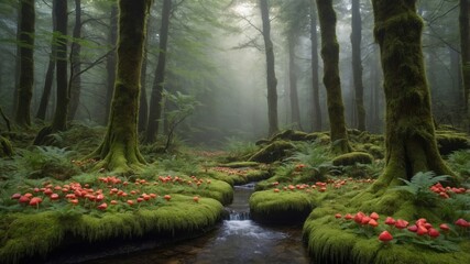 Serene forest scene with vibrant red mushrooms growing on mossy ground near a gentle stream, surrounded by tall trees
