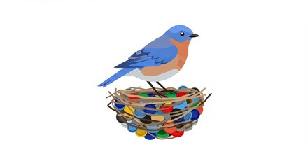 Plastic pollution Bluebird in nest made of colorful plastic caps symbolizing recycling and nature