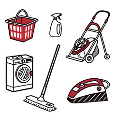 Illustration of household cleaning items including a basket, spray bottle, and washing machine