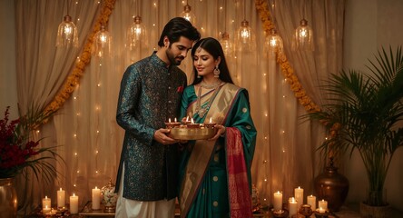 Elegant couple lighting diyas at home, festive bokeh glow. Generated AI