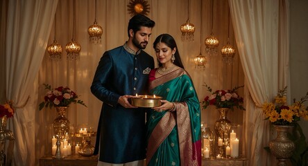 Indian couple lighting diyas at Diwali, warm glow. Generated AI
