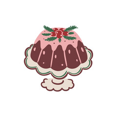 Festive hand drawn illustration of chocolate Christmas pudding topped with pink glaze, red berries, and green holiday leaves. New Year celebration. Vector design for greeting card, invitation, sticker