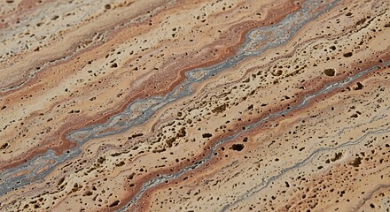 Close up of porous travertine stone with brown and gray layers