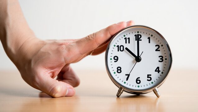 Gentle hand stopping classic alarm clock on wooden surface, ideal for time management, productivity planning, or morning routine graphics