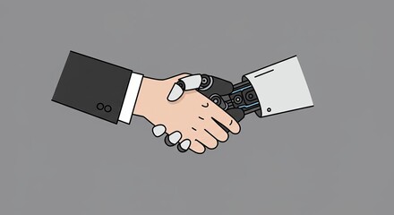 Human and robot handshake symbolizing future business collaboration and innovation