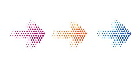 Dotted arrow icon set. Gradient dot vector isolated elements. Arrows halftone effect on white background. Vector illustration.
