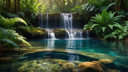 Serene waterfall cascading into a tranquil pool surrounded by lush greenery in a vibrant forest