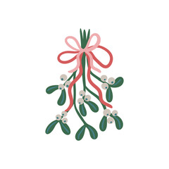Mistletoe bouquet with white berries tied with red ribbon. Hand drawn vector isolated illustration. Winter holiday decoration. Christmas and New Year celebration. Design for greeting card, invitation