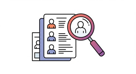Magnifying glass over candidate profiles finding perfect employee for team growth