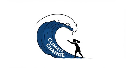 Person facing massive wave labeled climate change, seeking urgent solutions now