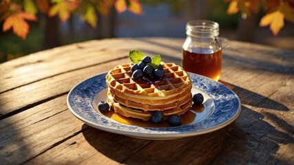 Stack of golden waffles topped with fresh blueberries and syrup, set on a rustic wooden table outdoors