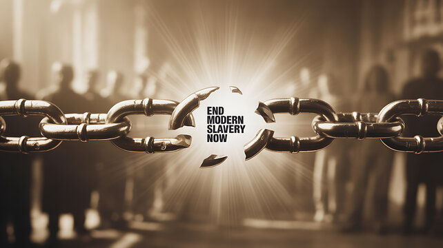 A broken chain with the text 'End Modern Slavery Now' illuminated by light, symbolizing freedom and liberation from exploitation.