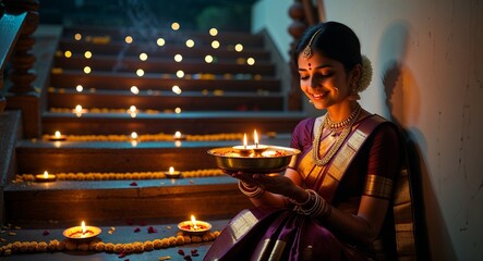 Serene woman admiring oil lamps on flower strewn steps, Diwali, Generated AI