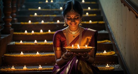 Festive portrait of woman praying, lighting diyas on decorated staircase, Generated AI