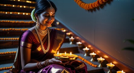 Woman Praying. Joyful Diwali ritual with glowing lamps and flower decor on steps, Generated AI