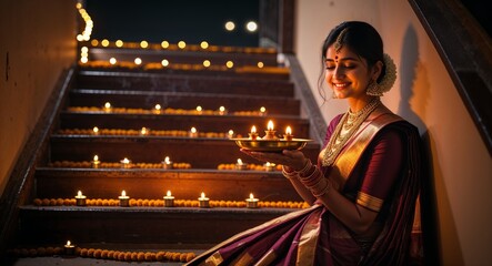 Woman in silk saree holding diya plate on marigold lit steps, Diwali night, Generated AI