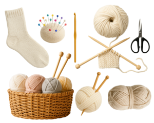 Knitting Set with Yarn Balls, Needles, and Handmade Sock