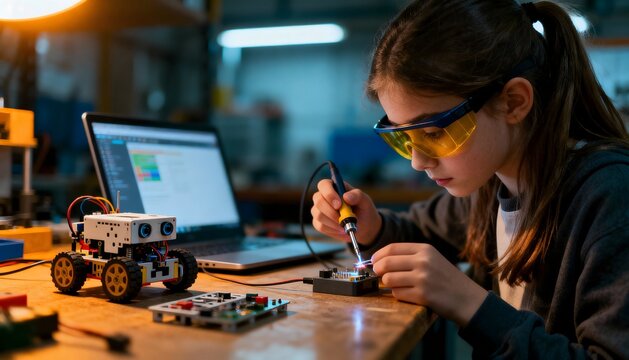 Girl in a makerspace soldering a robot, symbolizing STEM learning, skills for resilient cities and tech access; clean tabletop and blurred background allow copy space.