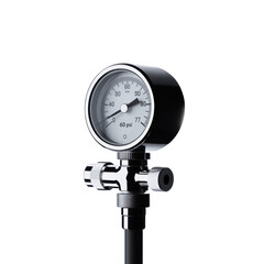 Close up of a black pressure gauge with a white dial and needle isolated on transparent background
