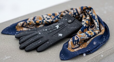 Black Leather Gloves and Patterned Scarf with Snowflakes