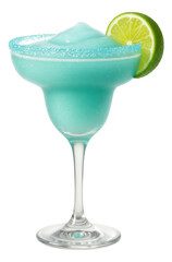 A daiquiri glass with a turquoise sugar coating for beach-themed gatherings