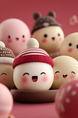 Cute holiday tangyuan with playful faces and winter accessories in a joyful winter scene