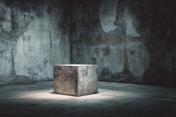 Large Product Ad Podium Gigantic concrete empty podium in an abandoned bunker cracked walls moody shadows post-apocalyptic feel