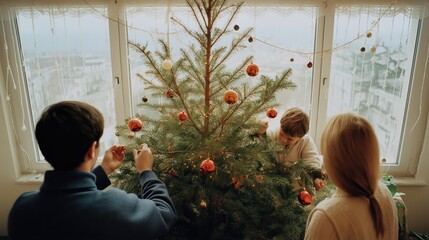 Family Decorating Christmas Tree Together at Home