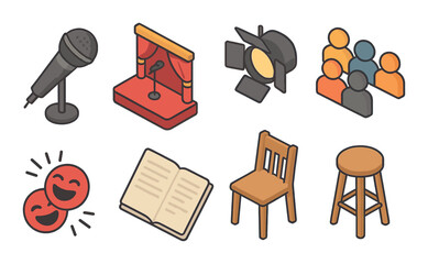 Theater icons: microphone, stage, spotlight, audience, comedy, book, chair, stool