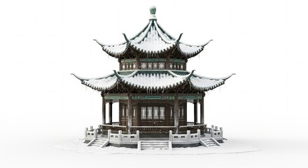 Miniature Chinese pavilion covered in snow with a white background creating a serene winter scene