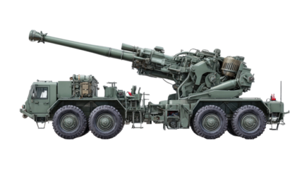 Powerful vintage artillery piece with heavy barrel and rugged carriage displayed as military ordnance equipment illustration isolated on white background