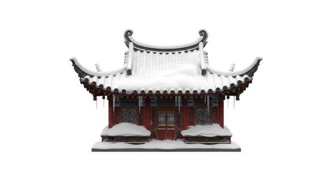Snow-covered miniature Chinese house surrounded by winter landscape