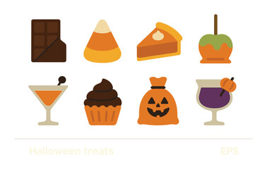 Halloween treats: candy corn, chocolate, pumpkin pie, candy apple, cupcake, cocktails