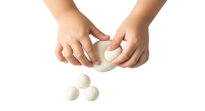 Child's hands skillfully shaping tangyuan dough in a bright kitchen during family cooking time