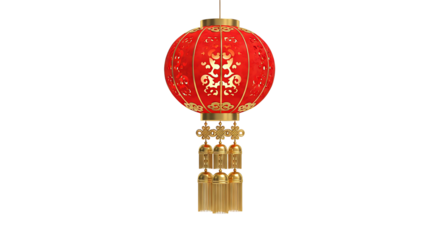 Festive red lantern with gold tassels hanging in a vibrant setting for celebrations and special occasions
