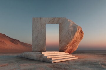 Large Product Ad Podium Monolithic stone podium in a desert photoshoot sunset glow vast dunes behind empty space for a bold product