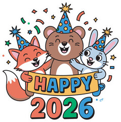 Fototapeta premium Cheerful Animals Celebrating New Year 2026 with Confetti and Party Hats Illustration