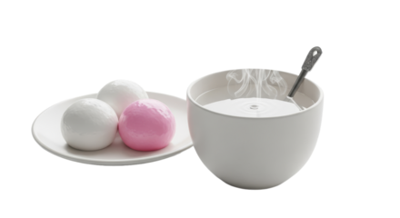 Steaming cup of rice wine served with tangyuan on a plate, creating a comforting and warm dining experience