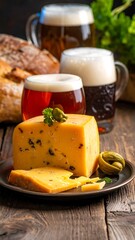 Cheese, beer, and bread on a rustic wooden table