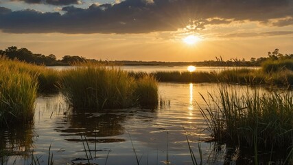 Serene sunset over tranquil waters with lush grasslands reflecting golden light, ideal for relaxation