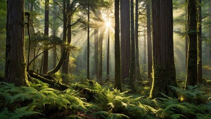 Serene forest landscape with sunlight filtering through tall trees, showcasing lush greenery and tranquility