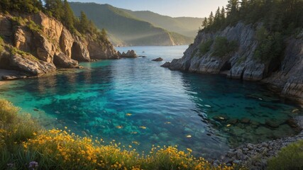 Serene coastal landscape with clear turquoise waters, rocky cliffs, and vibrant wildflowers in foreground